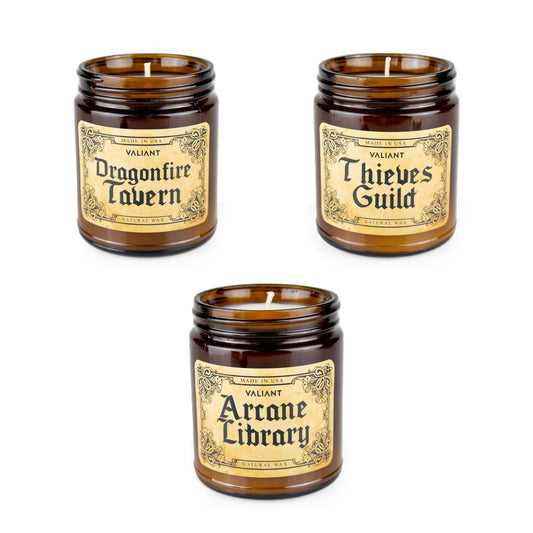 Dragonfire Tavern, Arcane Library and Thieves Guild candles in amber jars