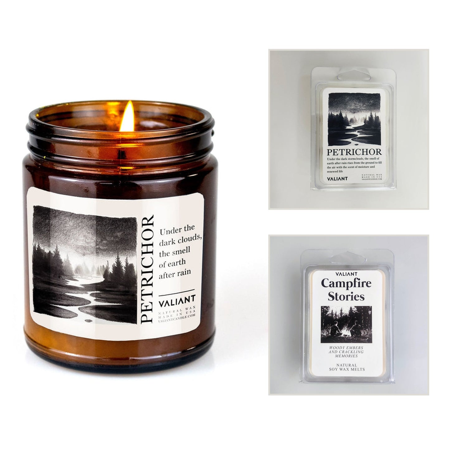 Petrichor candle with Petrichor and Campfire Stories wax melts