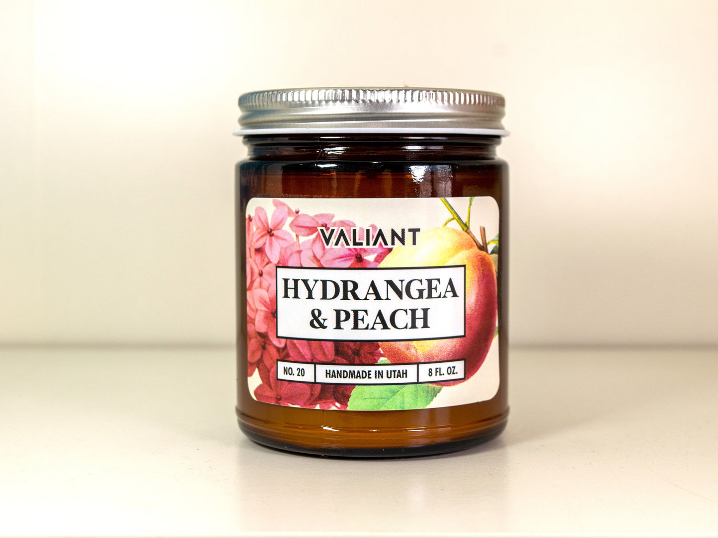 Hydrangea & Peach Botanical Candle in Amber Glass