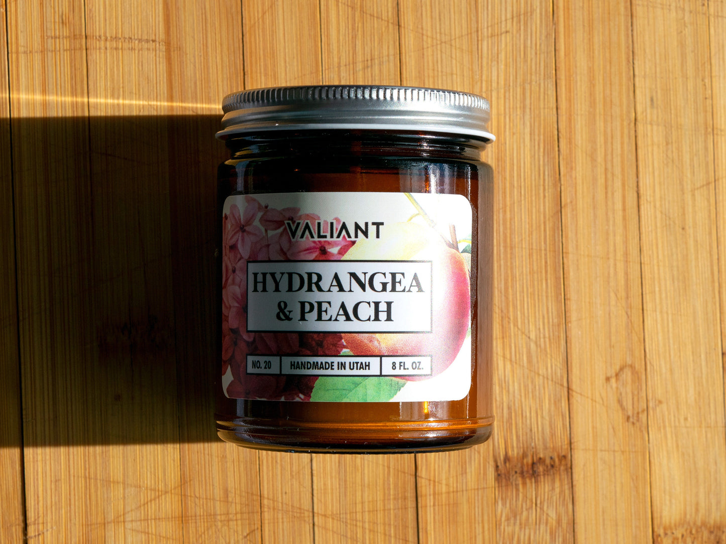 Hydrangea & Peach Botanical Candle in Amber Glass