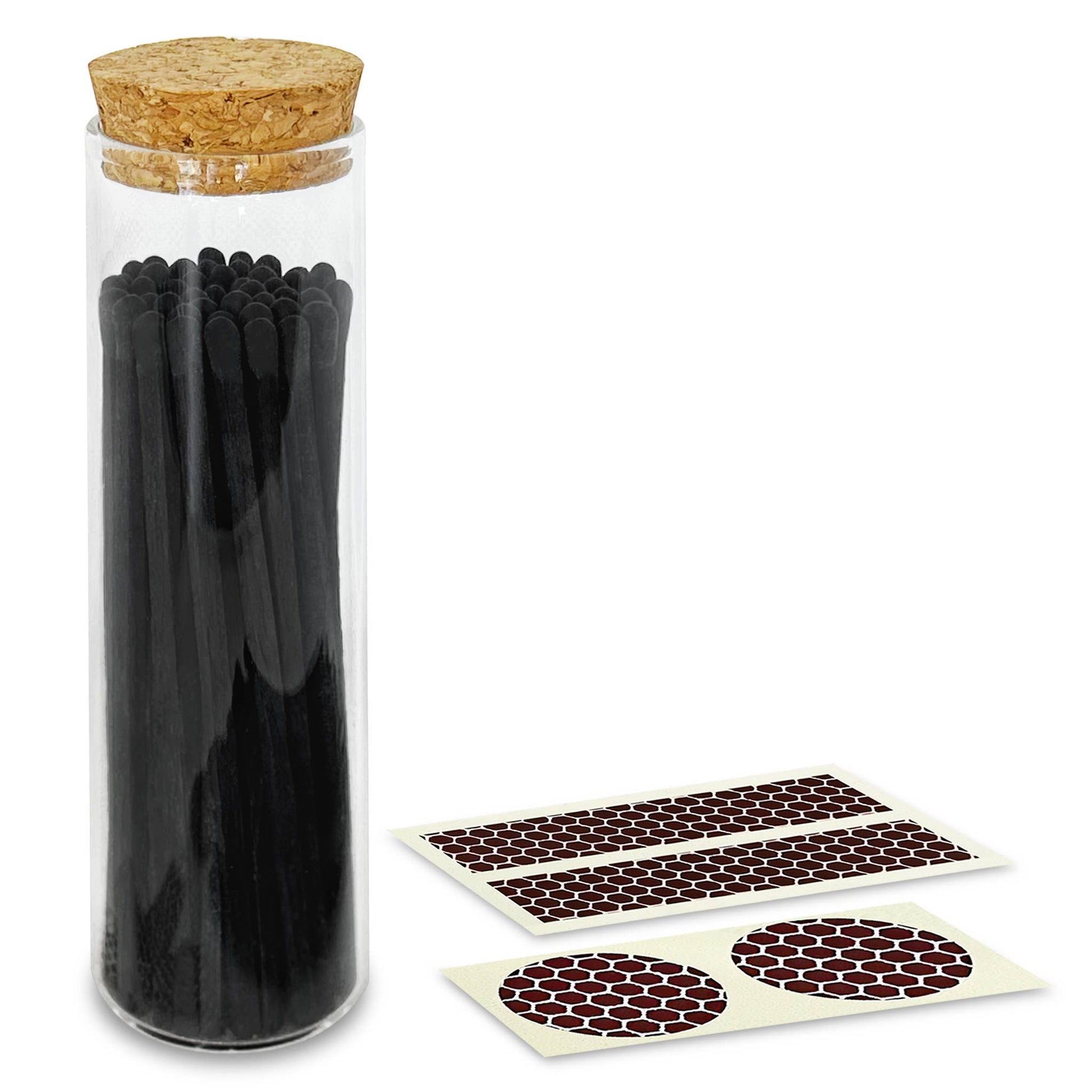 Long matches in a cork-top jar, All Black tips