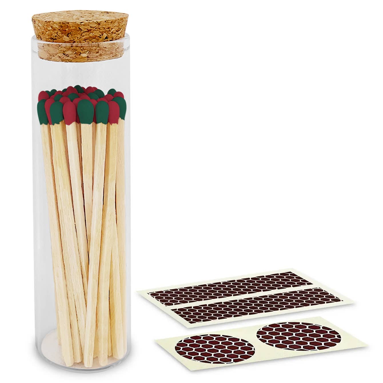 Long matches in a cork-top jar, Red and Green tips