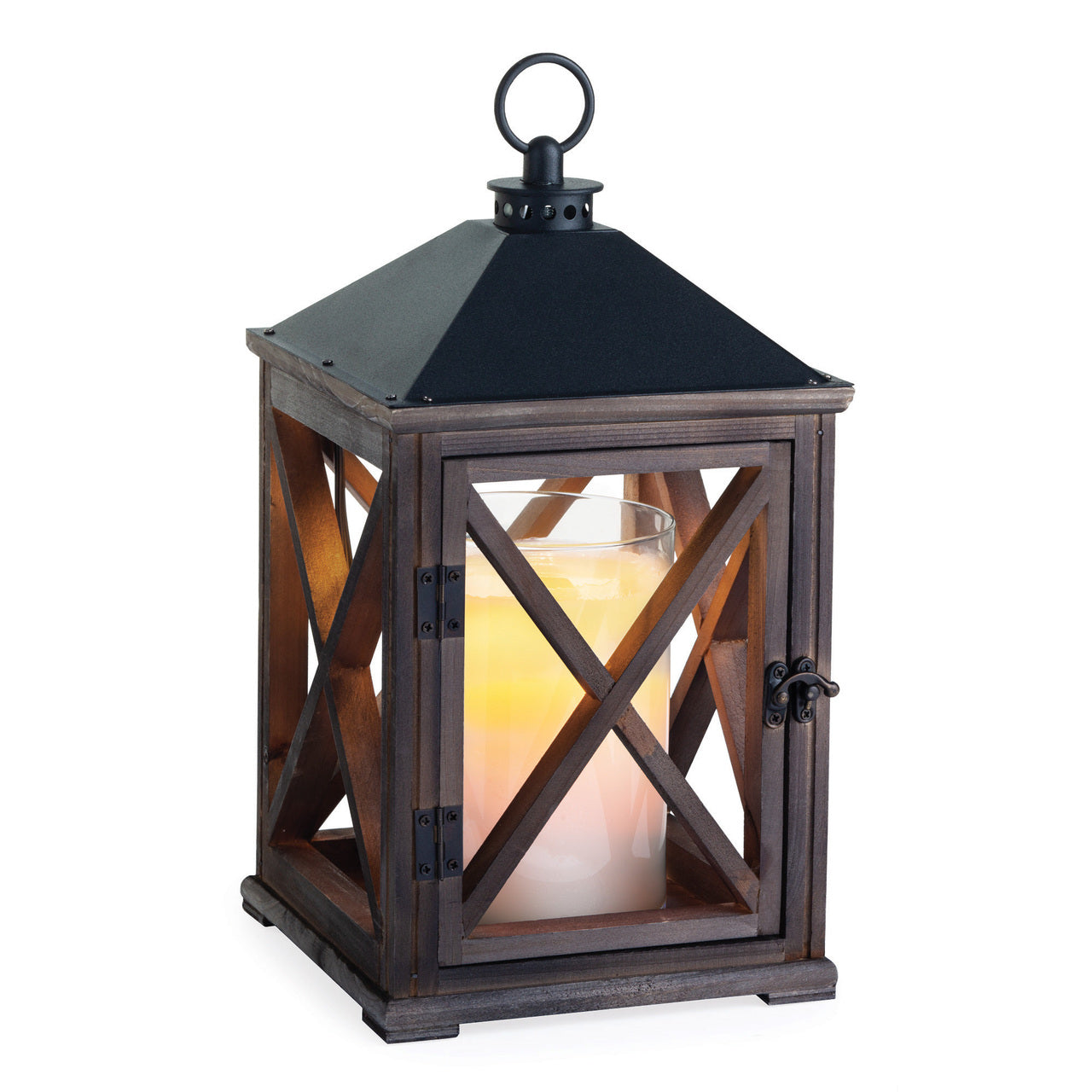 Candle Warmer Lantern in Weathered Espresso wood, door open, by Candle Warmers Etc.