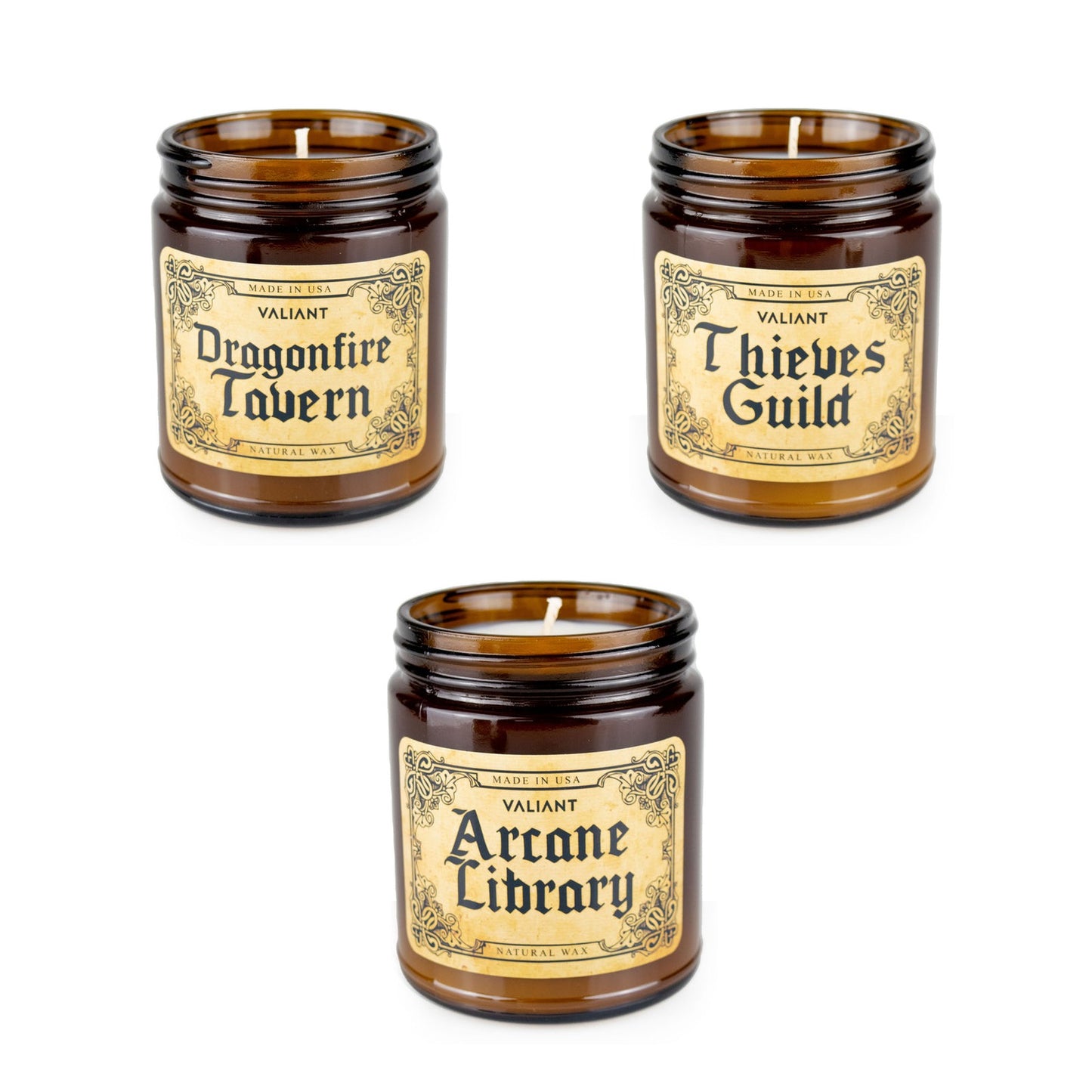 Dragonfire Tavern, Arcane Library and Thieves Guild candles in amber jars