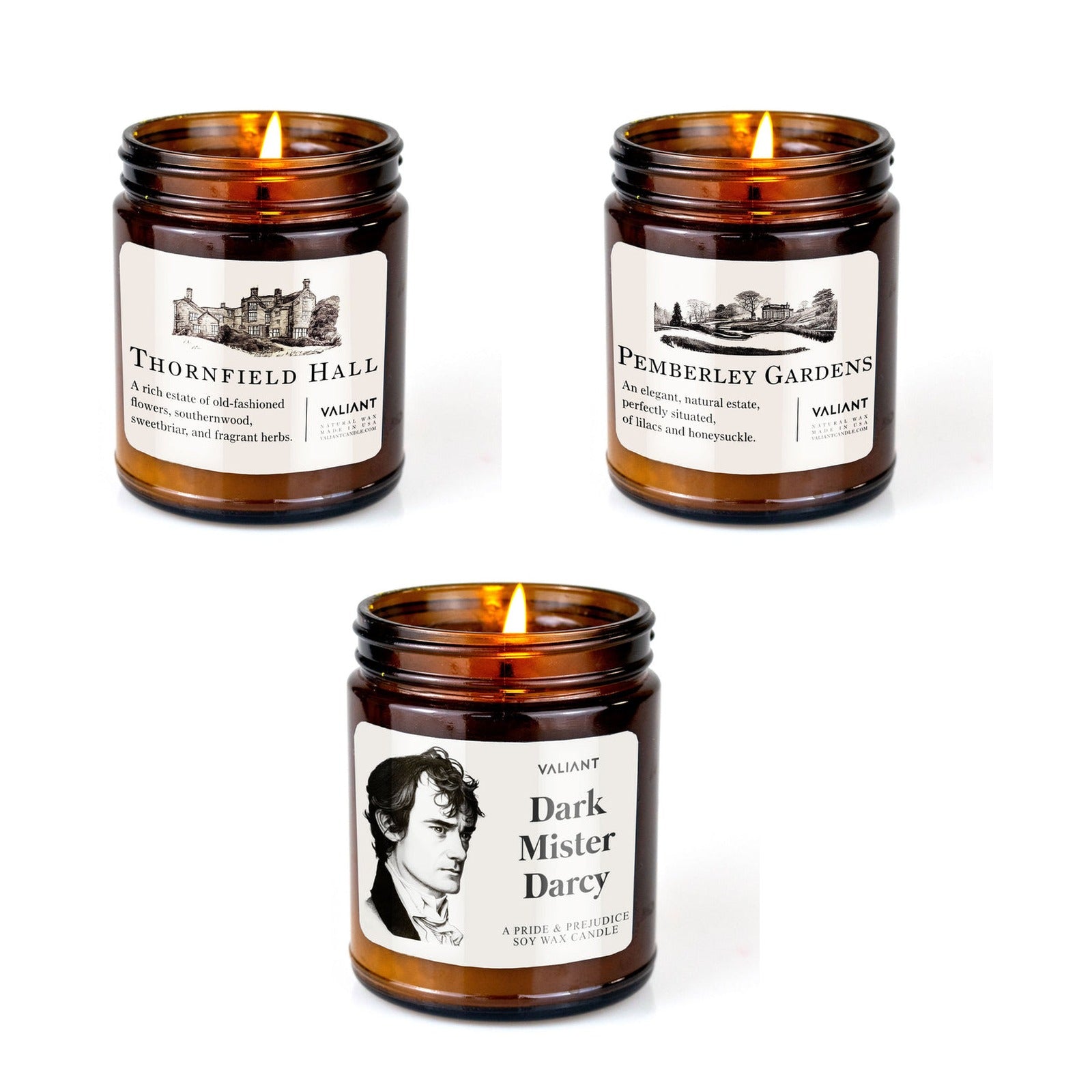 Thornfield Hall, Dark Mister Darcy and Pemberley Gardens candles in amber jars