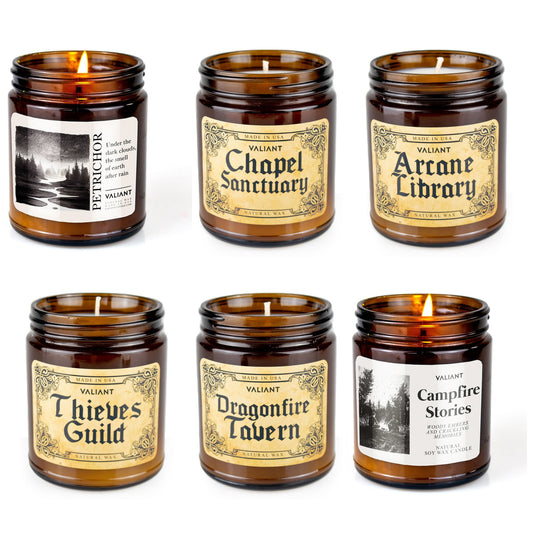 Six Valiant candles: Petrichor, Chapel Sanctuary, Arcane Library, Thieves Guild, Dragonfire Tavern, Campfire Stories
