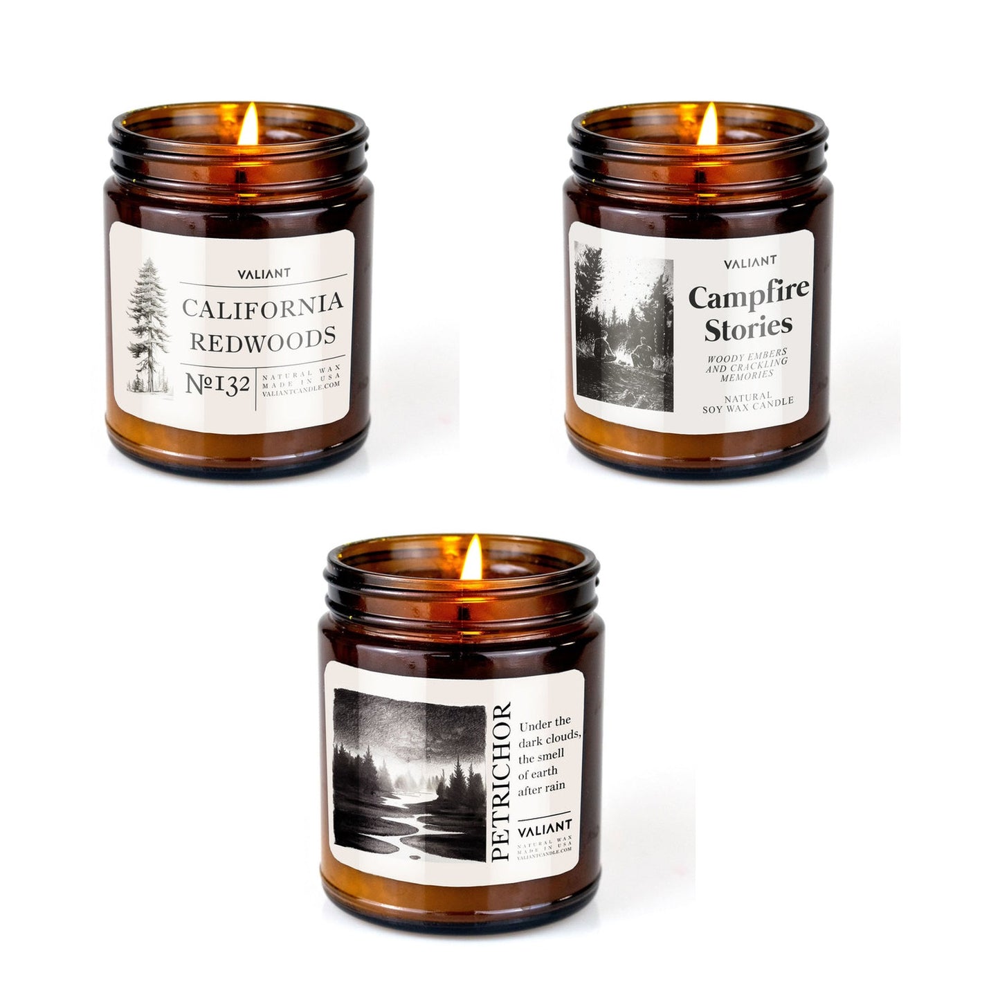 California Redwoods, Petrichor and Campfire Stories candles in amber jars