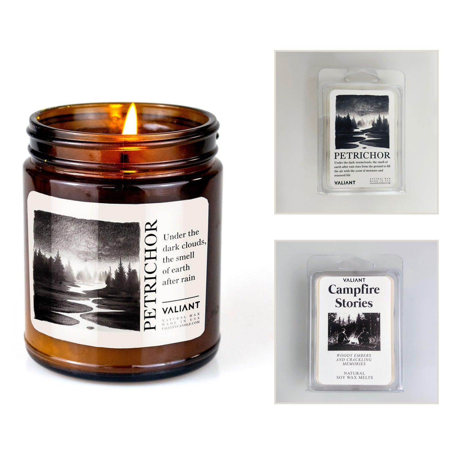 Petrichor candle with Petrichor and Campfire Stories wax melts