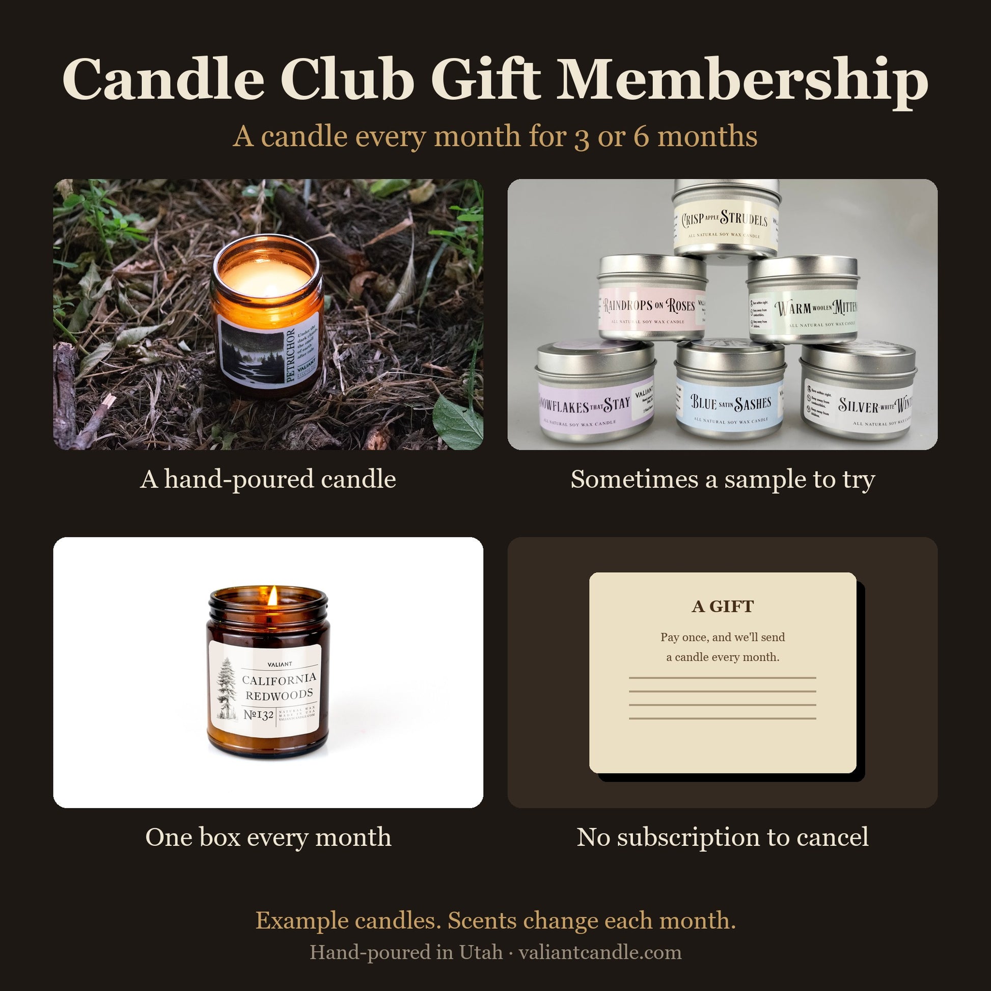 Candle Club Gift Membership: example candles for a 3- or 6-month gift