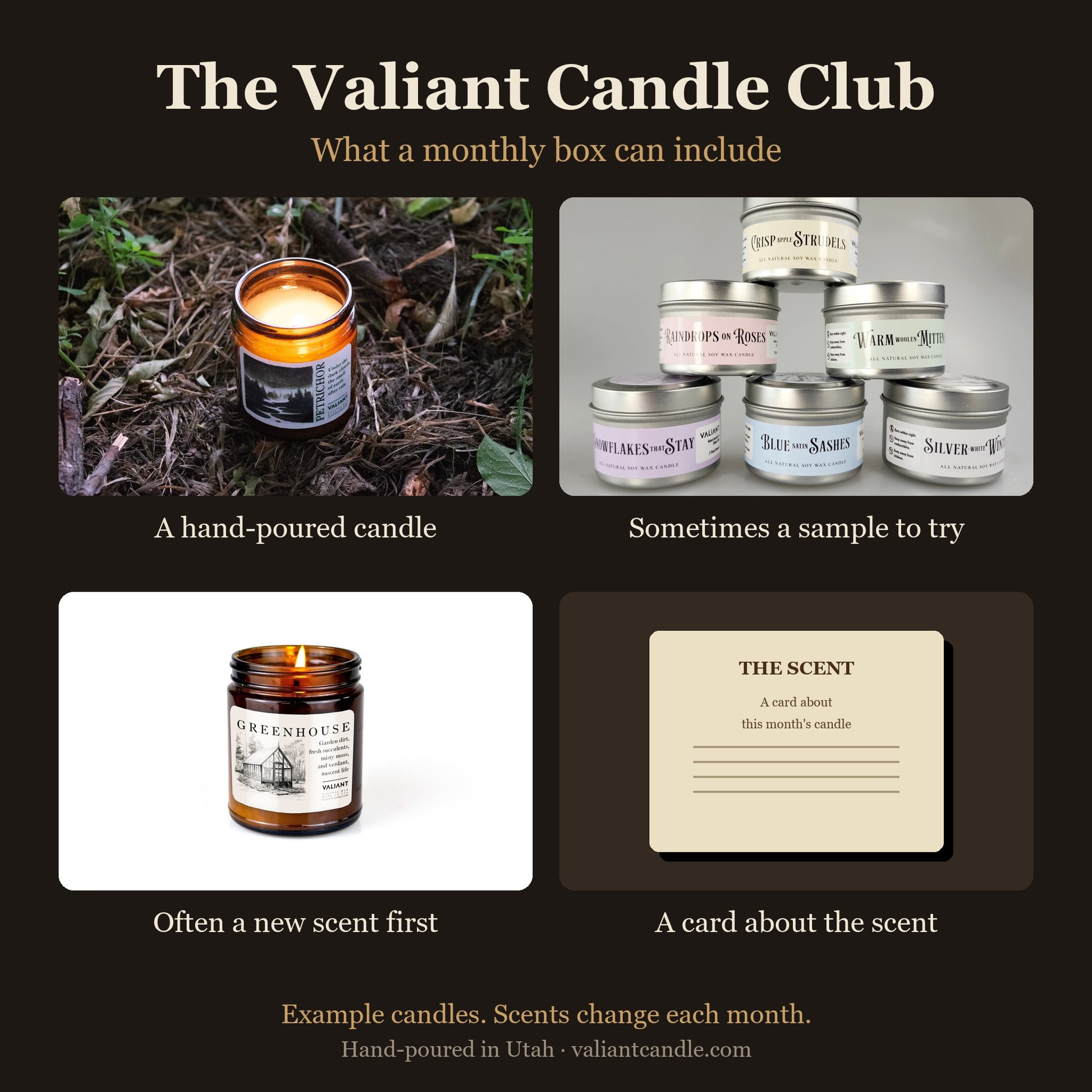 The Valiant Candle Club: example candles, a sample tin, and a scent card